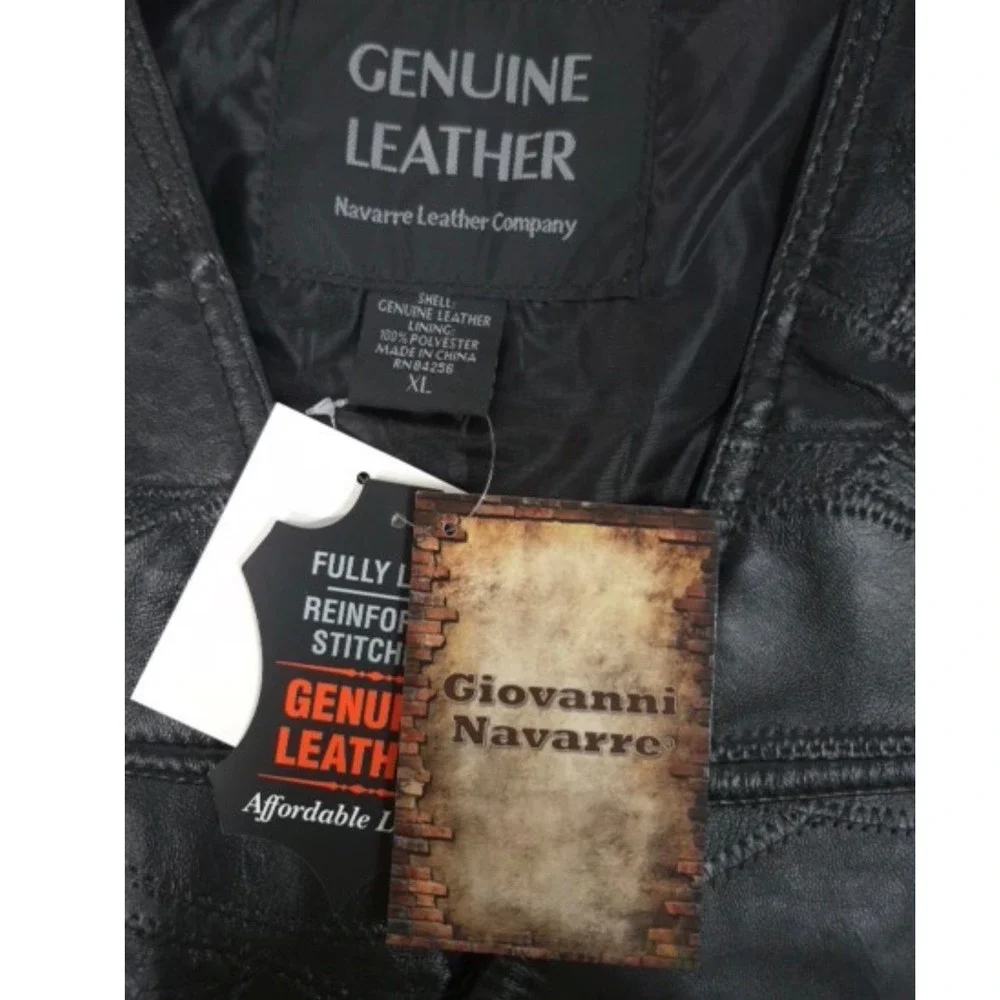 Giovanni Navarre Mens XL Black Patchwork Genuine Leather Biker Vest Snap Front‎